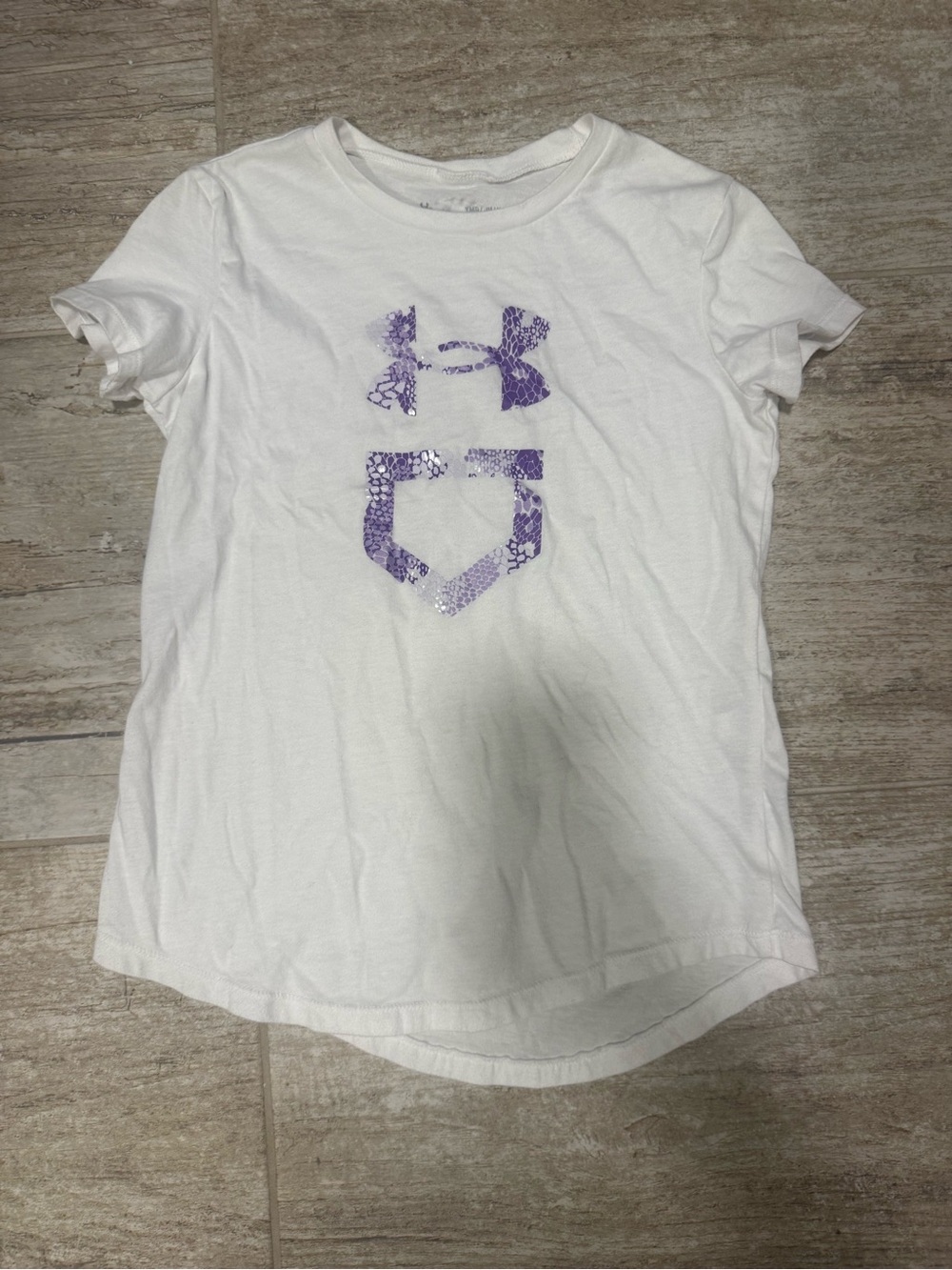 Under Armour White Short Sleeve Tee with Purple Logo Graphic